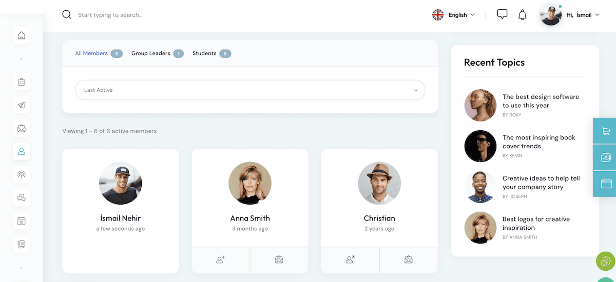 An intranet interface with tabs at the top for All Members, Group Leaders, and Students. It shows the number of active members. Profile photos and names are displayed for three members: Ismail Nehir, Anna Smith, and Christian. On the right side, topic suggestions are shown, such as