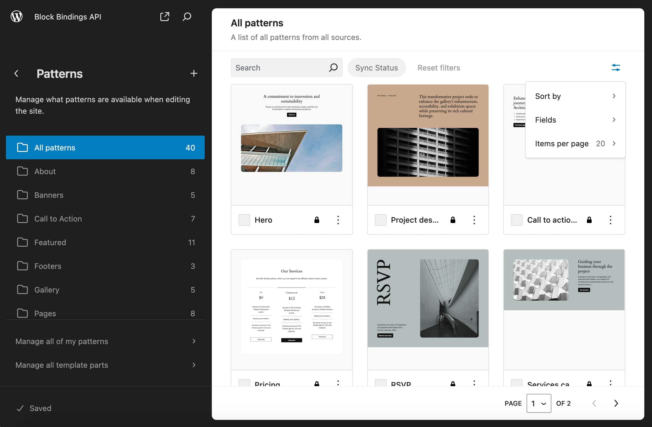 Visualização de padrões com opções de visualização no WordPress 6.5.