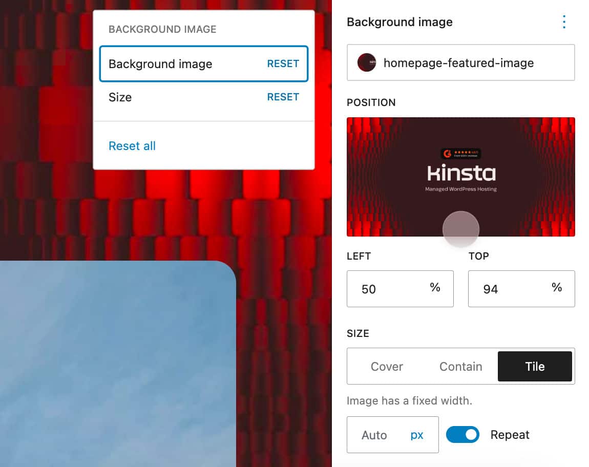 O painel Imagem de Fundo nas configurações de Estilo.