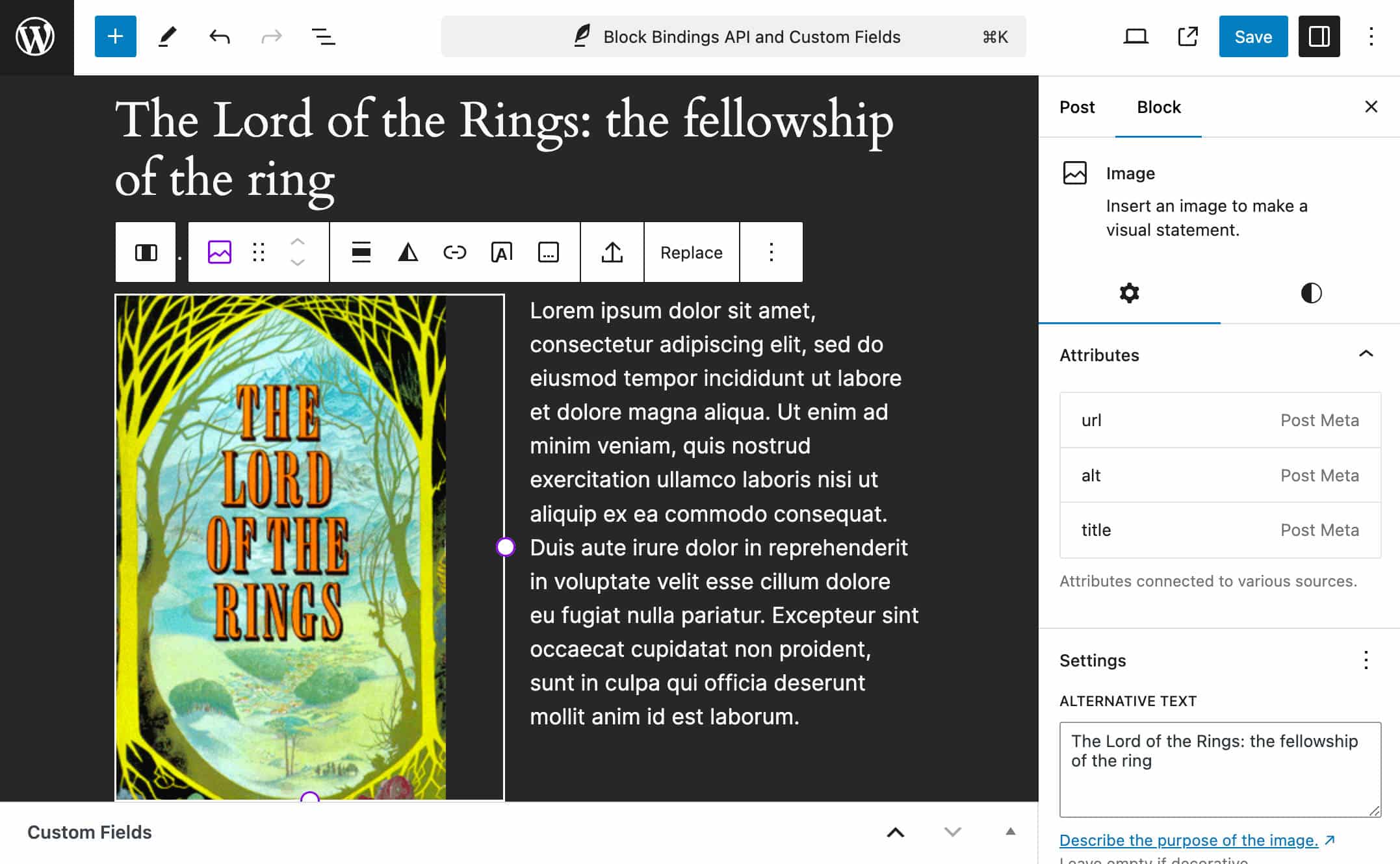 Atributos de imagem com vínculos de bloco no WordPress 6.6.