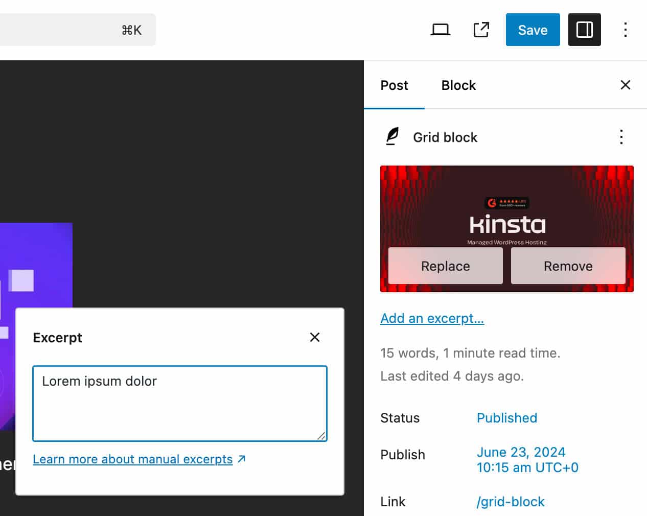 Controles de imagem em destaque e excerto no editor de publicação.