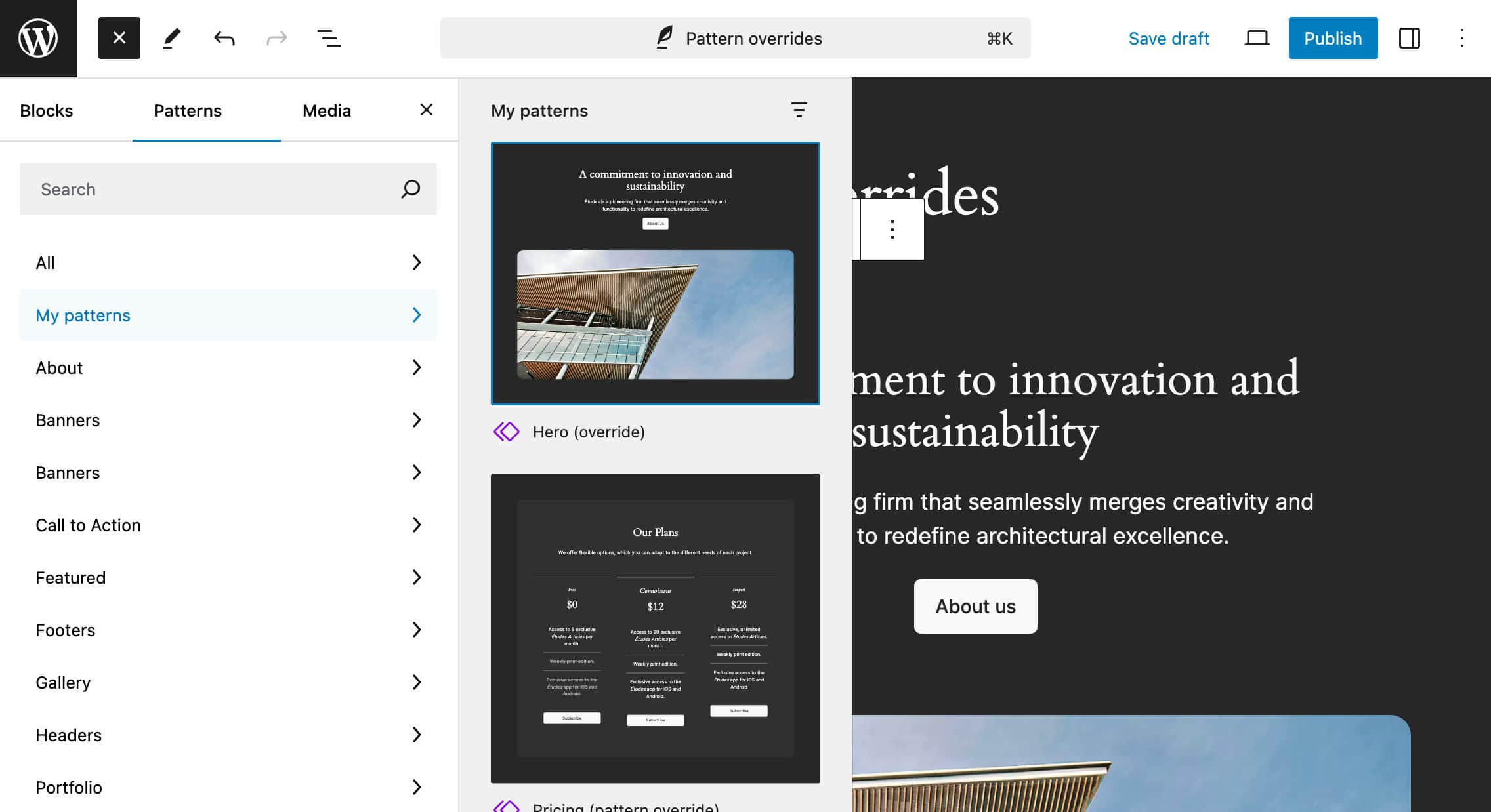 Adição de um padrão à tela do editor.