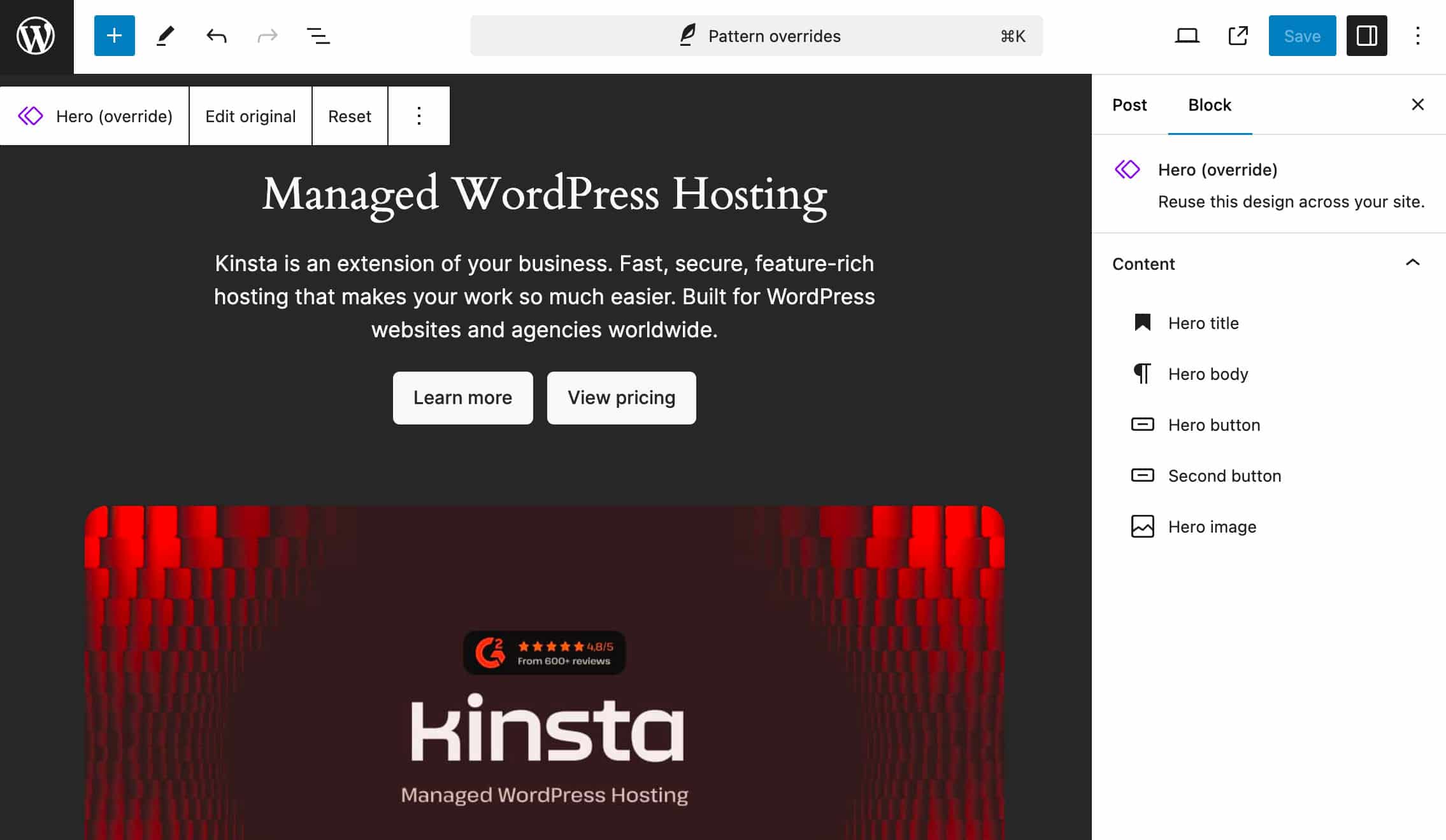 Um padrão de bloco com substituições no editor de publicações.