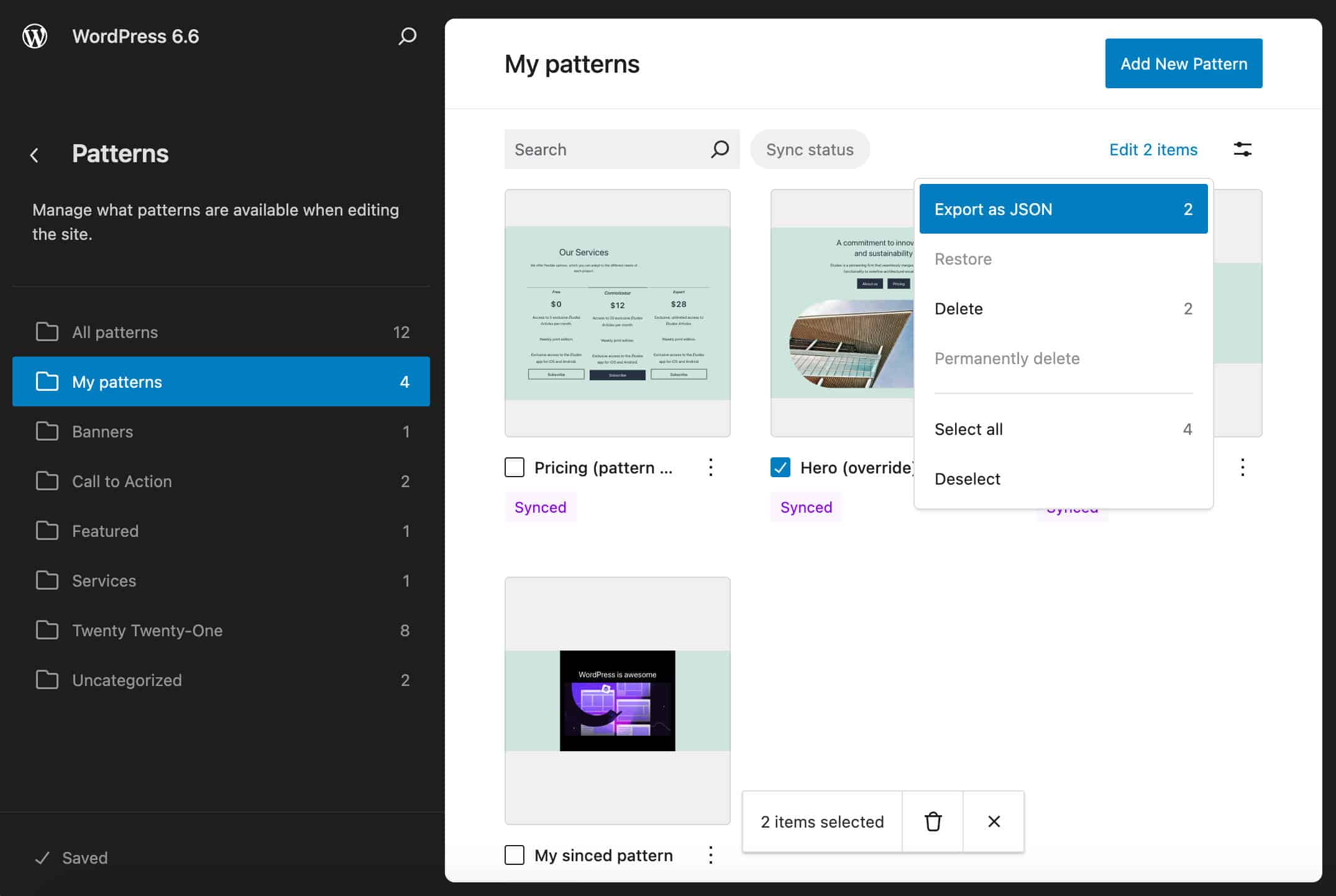 Ações em massa em padrões no WordPress 6.6 com o tema clássico Twenty Twenty-One.