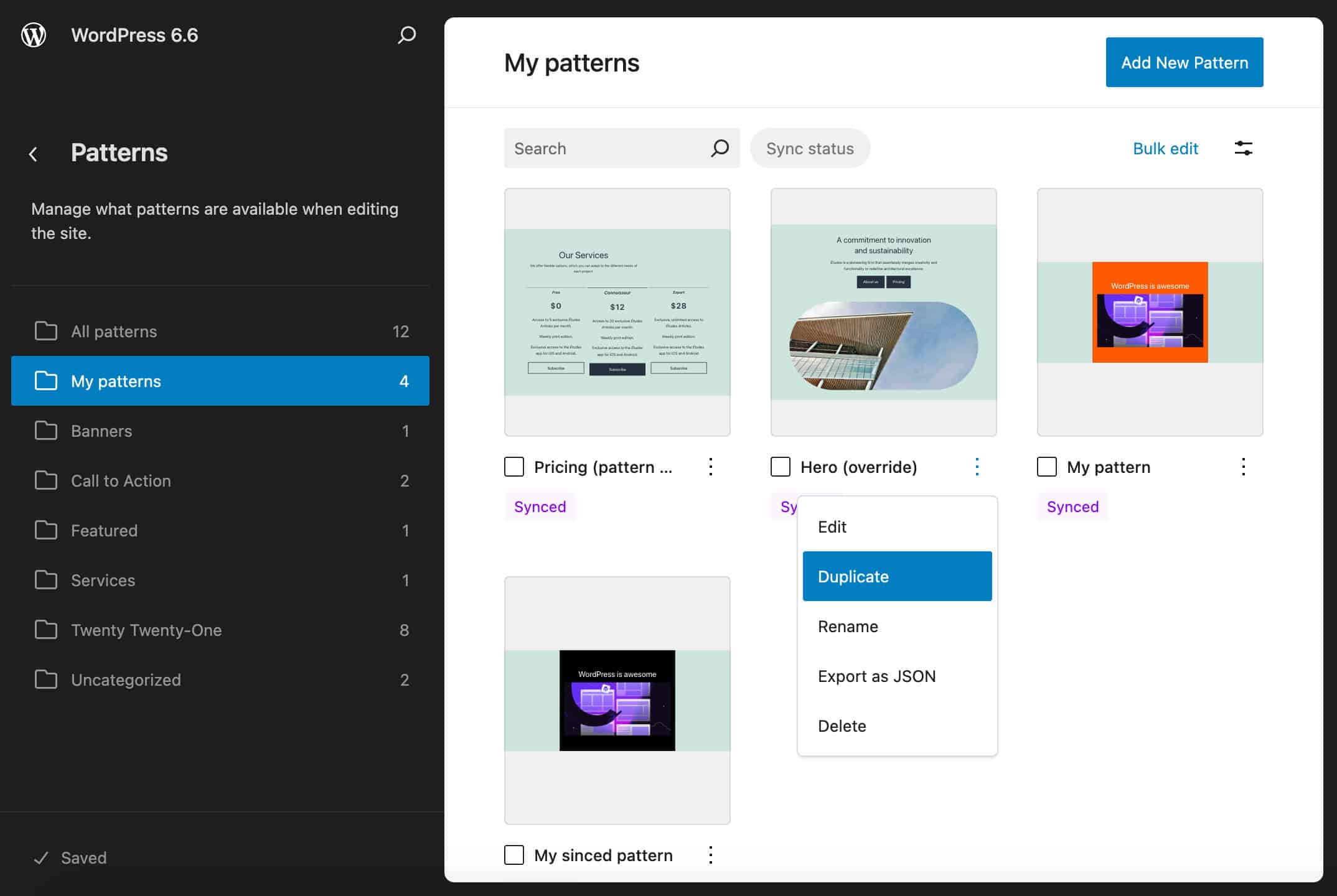 Ações de padrão no WordPress 6.6 com o tema clássico do Twenty Twenty-One.