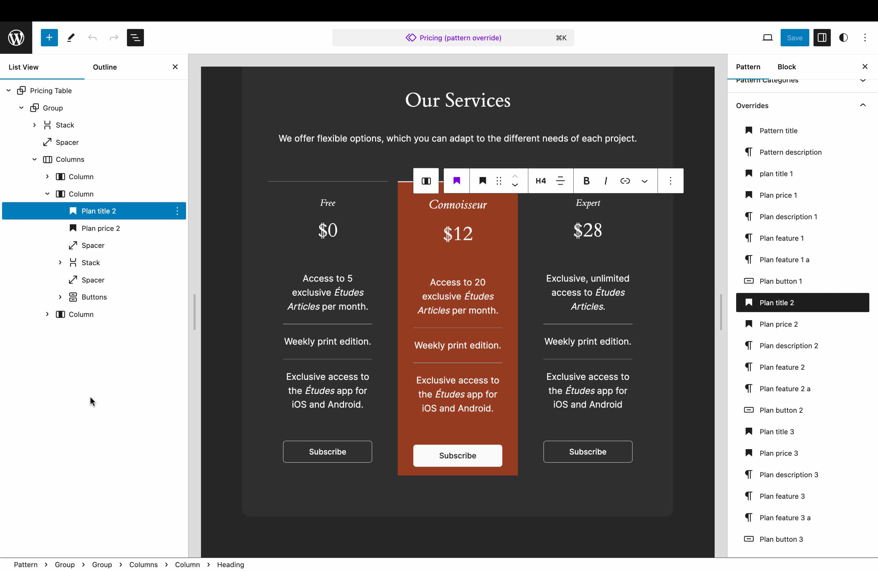 Edição de estilo e estrutura de padrão com substituições no editor do site.