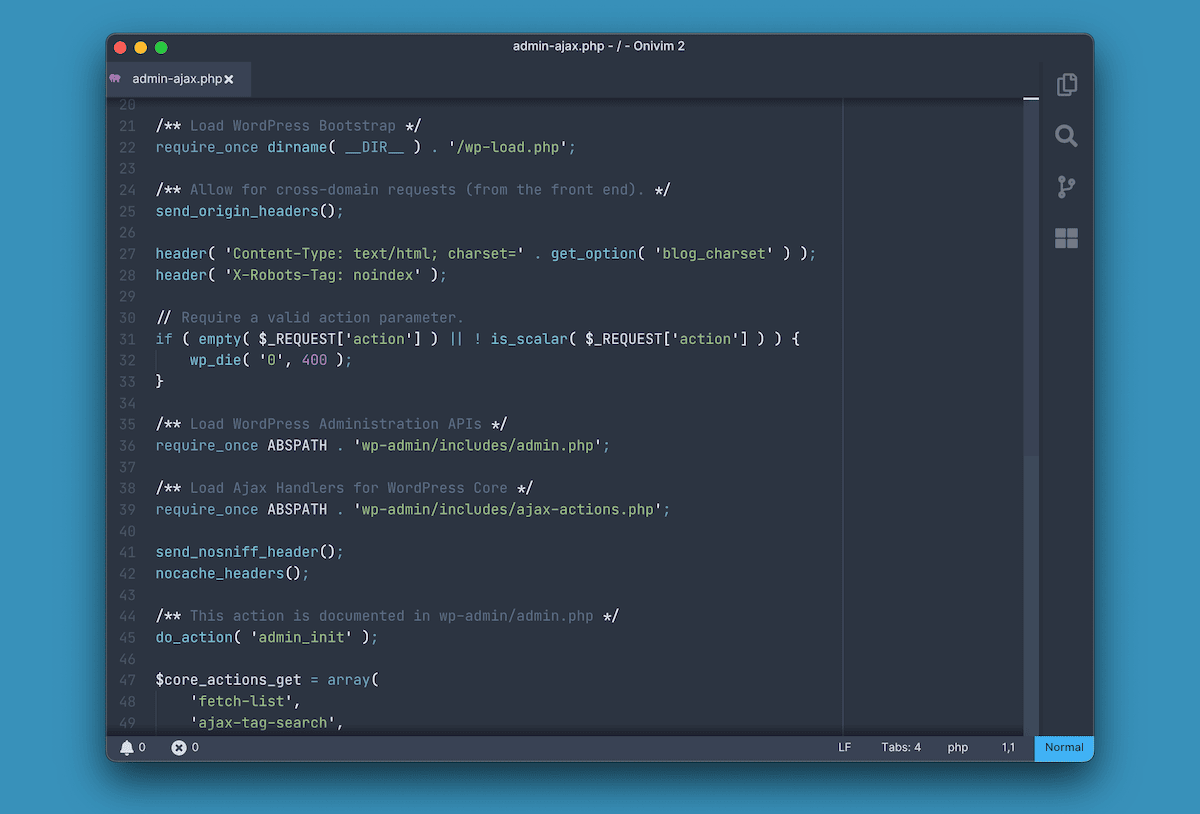 Uma janela de editor de código exibindo código PHP para um arquivo admin-ajax.php do WordPress. O código inclui comentários e funções para carregar o código bootstrap do WordPress, lidar com solicitações cross-domain, definir cabeçalhos e carregar APIs de administração e manipuladores de Ajax do WordPress. O editor tem um tema escuro com realce de sintaxe em azul-claro.