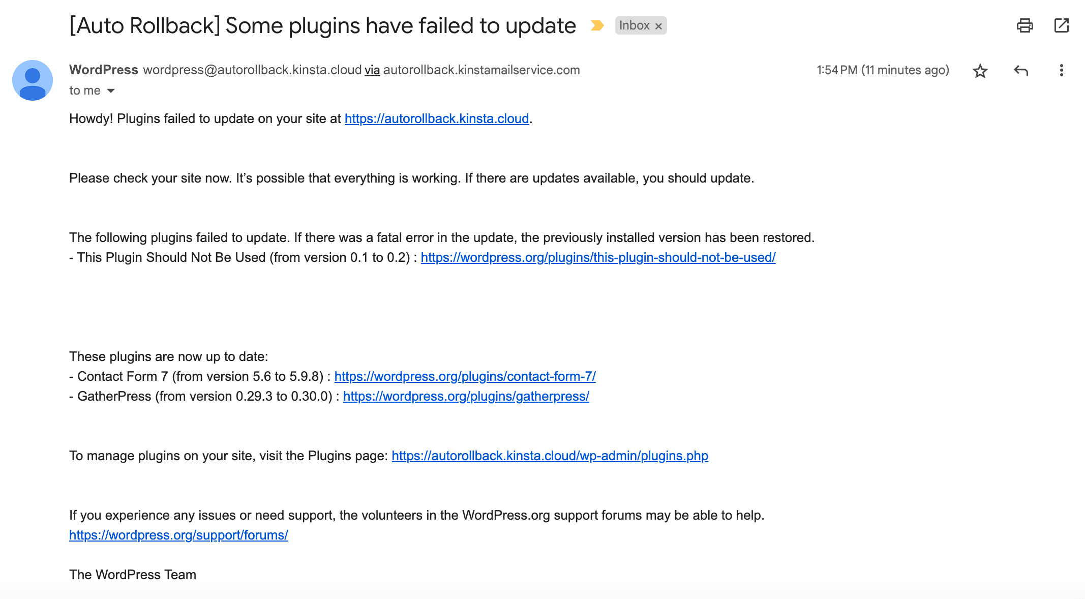 Un'email da WordPress che avverte del fallimento del rollback automatico del plugin