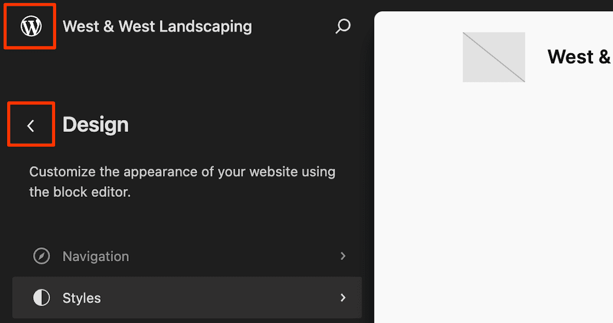 A tela Design do Editor de Sites WordPress. Há opções visíveis para Navegação e Estilos. A logo WordPress e uma seta para voltar estão destacados no canto superior esquerdo.