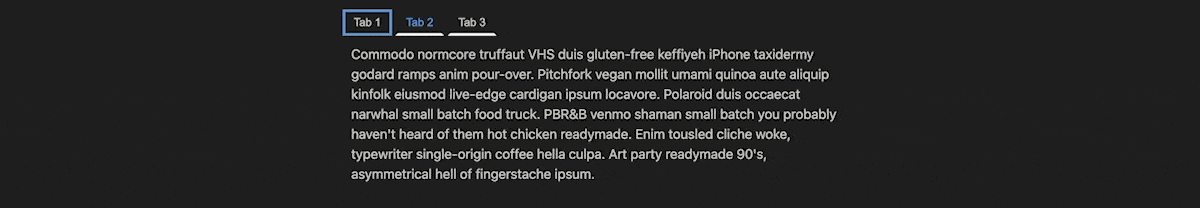 Um GIF de uma interface com abas usando HTMX, com três abas rotuladas como 