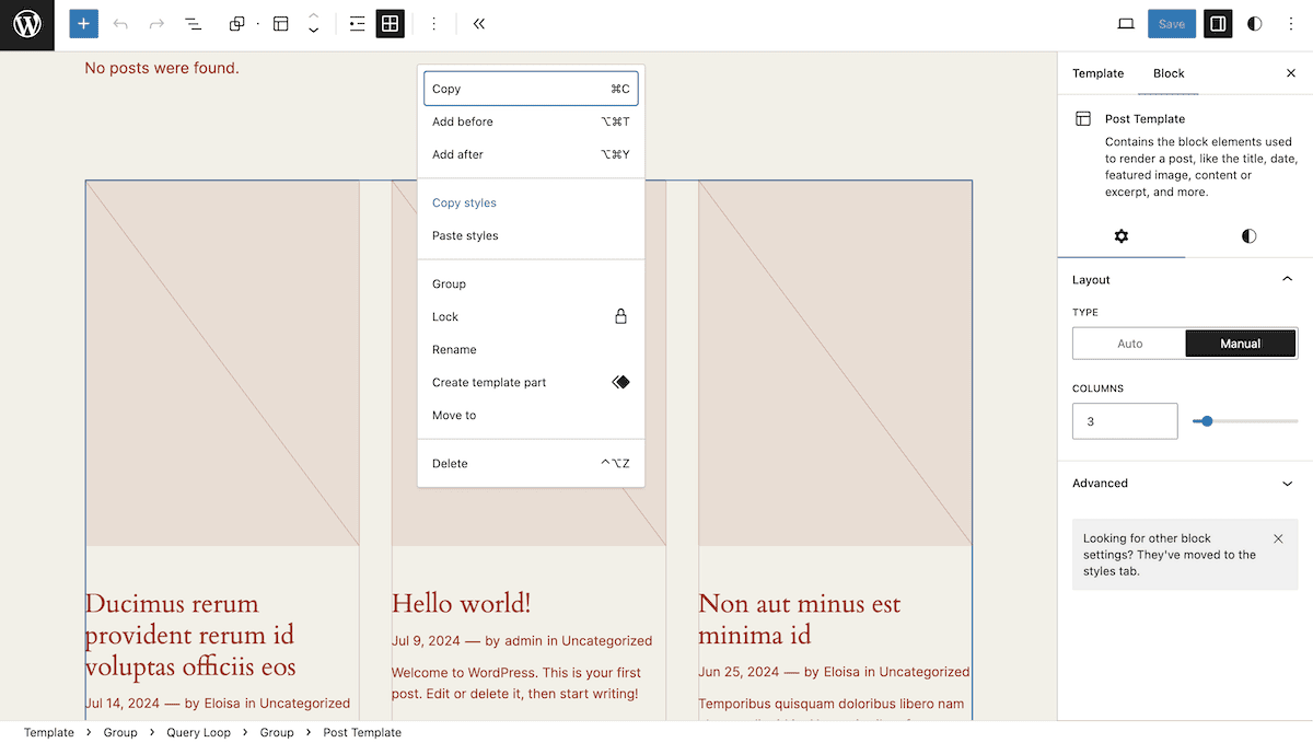 A interface do Editor de Sites do WordPress. A imagem mostra um layout de modelo de post com três colunas exibindo títulos de posts, trechos e datas de publicação. Um menu contextual está aberto, mostrando opções como Copiar, Adicionar antes, Adicionar depois, e outras.