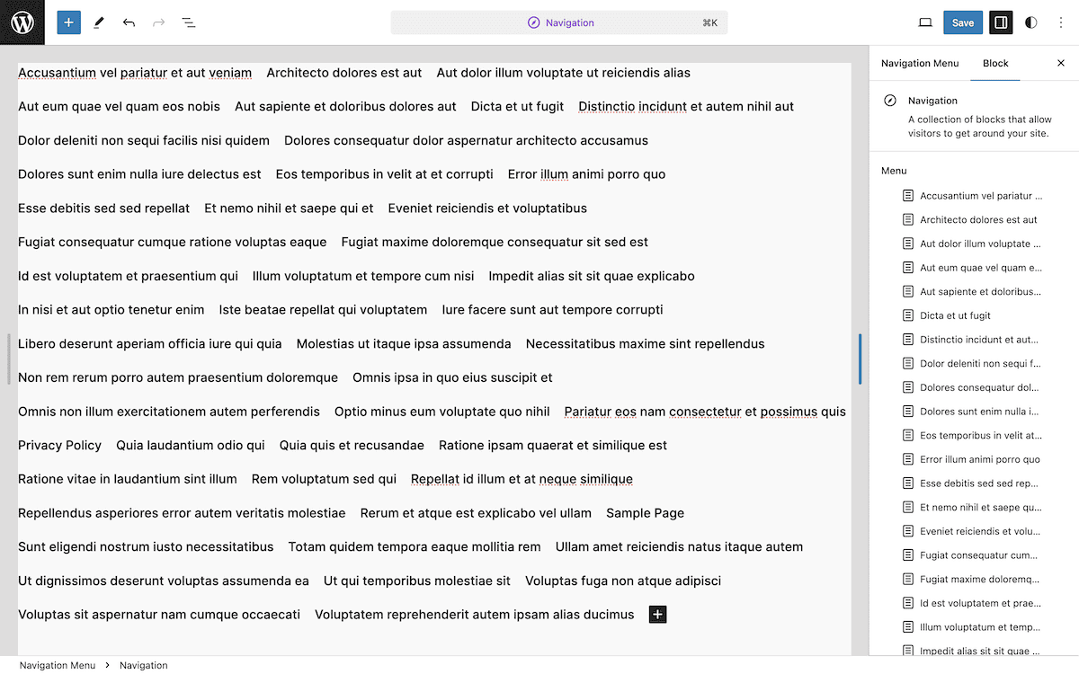 A interface do menu de navegação do Editor de Sites. A área de conteúdo principal mostra uma lista de itens do menu de navegação usando texto Lorem Ipsum. No lado direito há um painel Menu de Navegação com opções para editar e gerenciar a estrutura do menu.