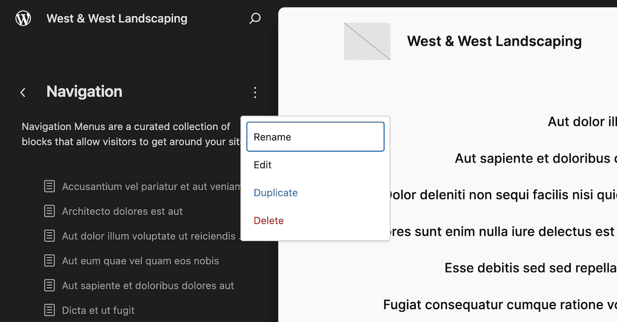 Uma parte da página Navegação no Editor de Sites WordPress. O título do site é visível no topo. A barra lateral esquerda mostra os itens do menu de navegação, e um menu suspenso no centro oferece opções para renomear, editar, duplicar ou excluir um item de menu selecionado.