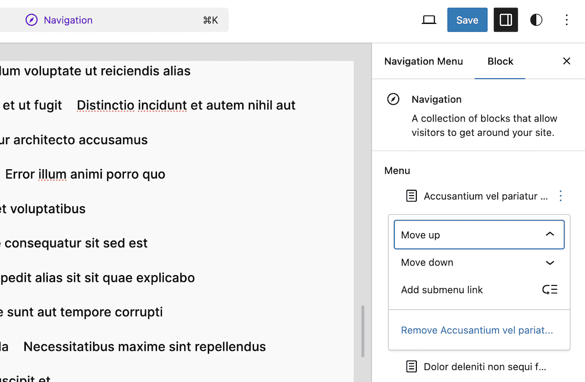 Uma visão de perto das opções do Bloco de Menu de Navegação dentro do Editor de Sites. Mostra um menu suspenso de opções para o primeiro item do menu, para movê-los pra cima ou pra baixo, adicionar links de submenu ou remover itens.
