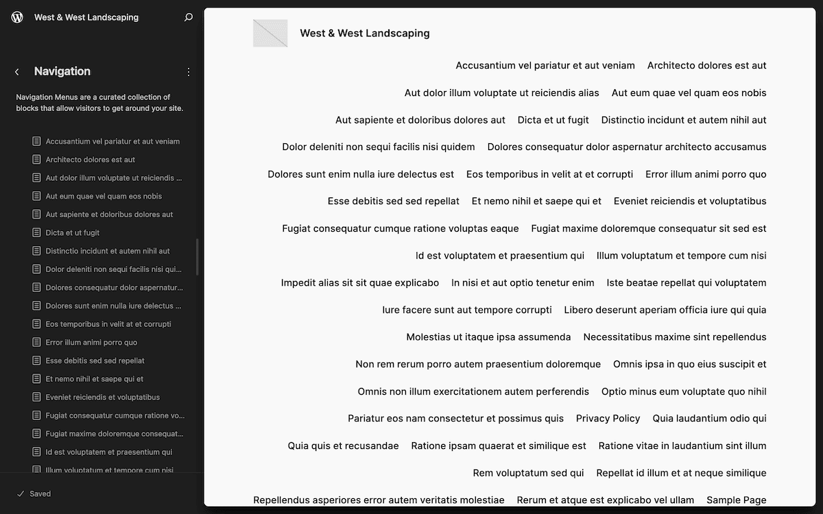 Uma visão completa da página Navegação no Editor de Sites WordPress. A barra lateral esquerda mostra a estrutura do menu de navegação, e a área de conteúdo principal exibe uma prévia do site com texto de exemplo e o menu de navegação visual.