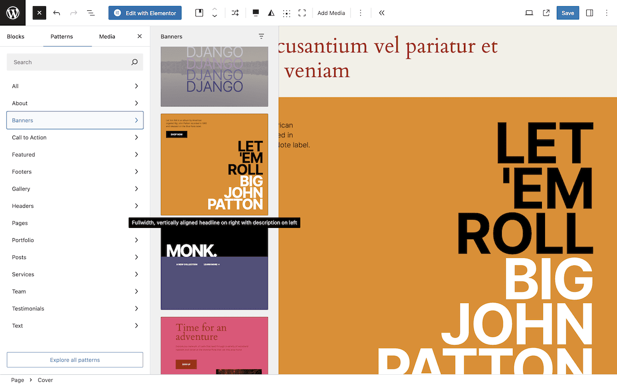 De interface van de WordPress Block Editor toont links een zijbalkmenu met blokelementen en patronen, met rechts een voorbeeld van verschillende bannerontwerpen. De weergegeven hoofdbanner featuret de vetgedrukte tekst LET 'EM ROLL BIG JOHN PATTON op een oranje achtergrond.