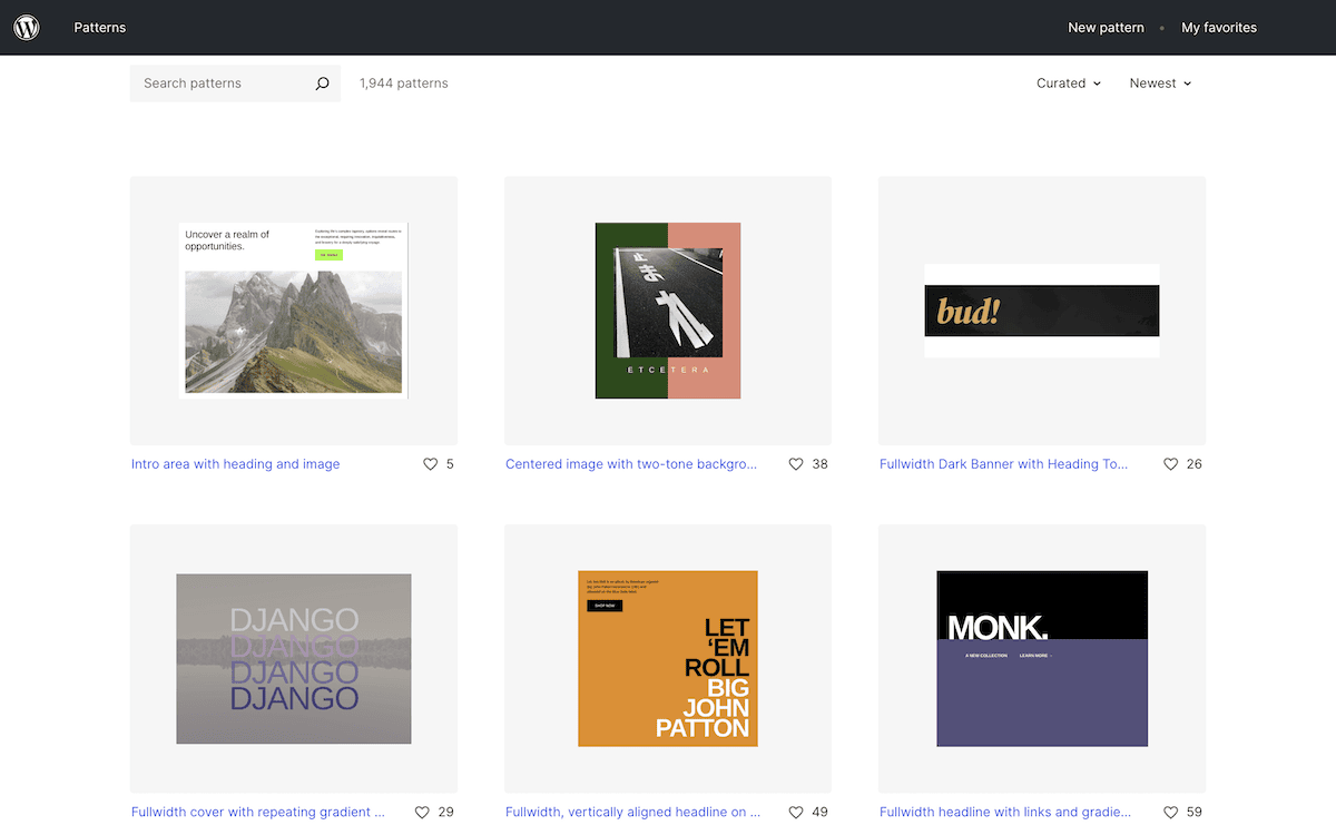 Het zoekscherm van de WordPress Pattern Library toont een raster van websiteontwerpsjablonen. De templates bevatten verschillende banner- en headerontwerpen met afbeeldingen, tekst en knoppen.