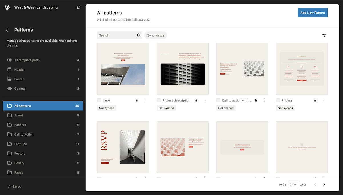 A página de gerenciamento de padrões do WordPress no Editor de Sites. A barra lateral esquerda mostra categorias de padrões. A área principal exibe miniaturas de padrões de banner, incluindo imagens de edifícios e detalhes arquitetônicos.