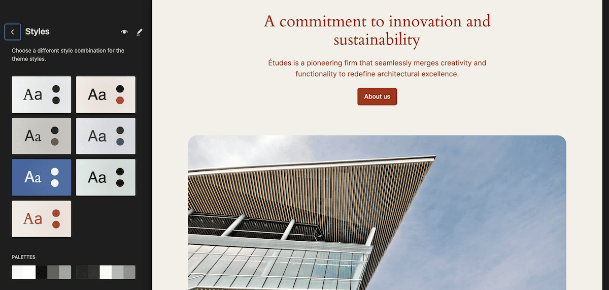 De interface van de WordPress Site Editor toont de stijlvariaties van een thema aan de linkerkant, compleet met verschillende lettertype- en kleuropties. Het hoofdgedeelte van de content toont een kop