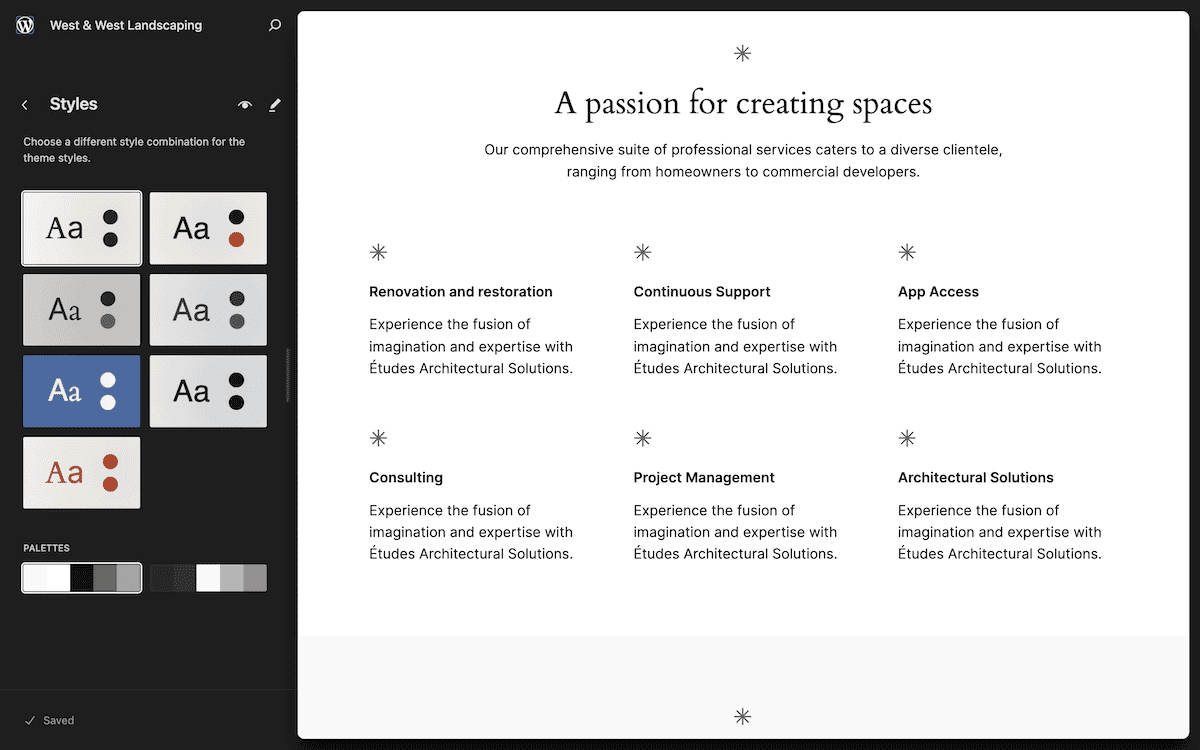 A página Estilos dentro do Editor de Sites do WordPress. O título diz