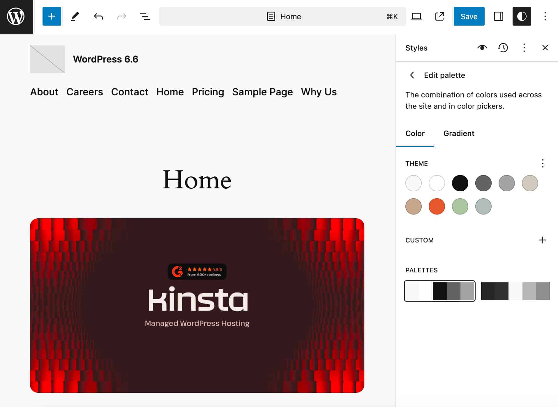 Paleta de cores claras no Twenty Twenty-Four.