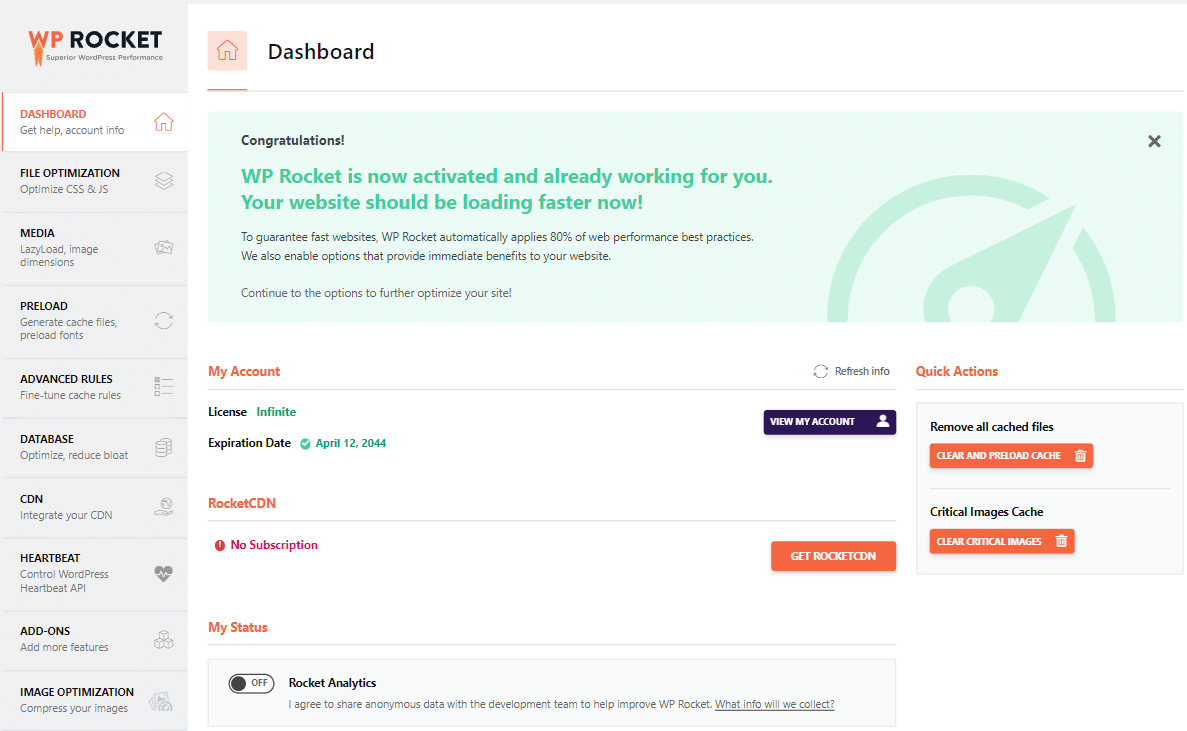 Tableau de bord principal de WP Rocket