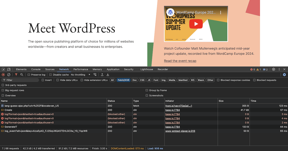 A interface DevTools do navegador Brave, mostrando o site do WordPress no topo. Inclui um texto descrevendo-o como 