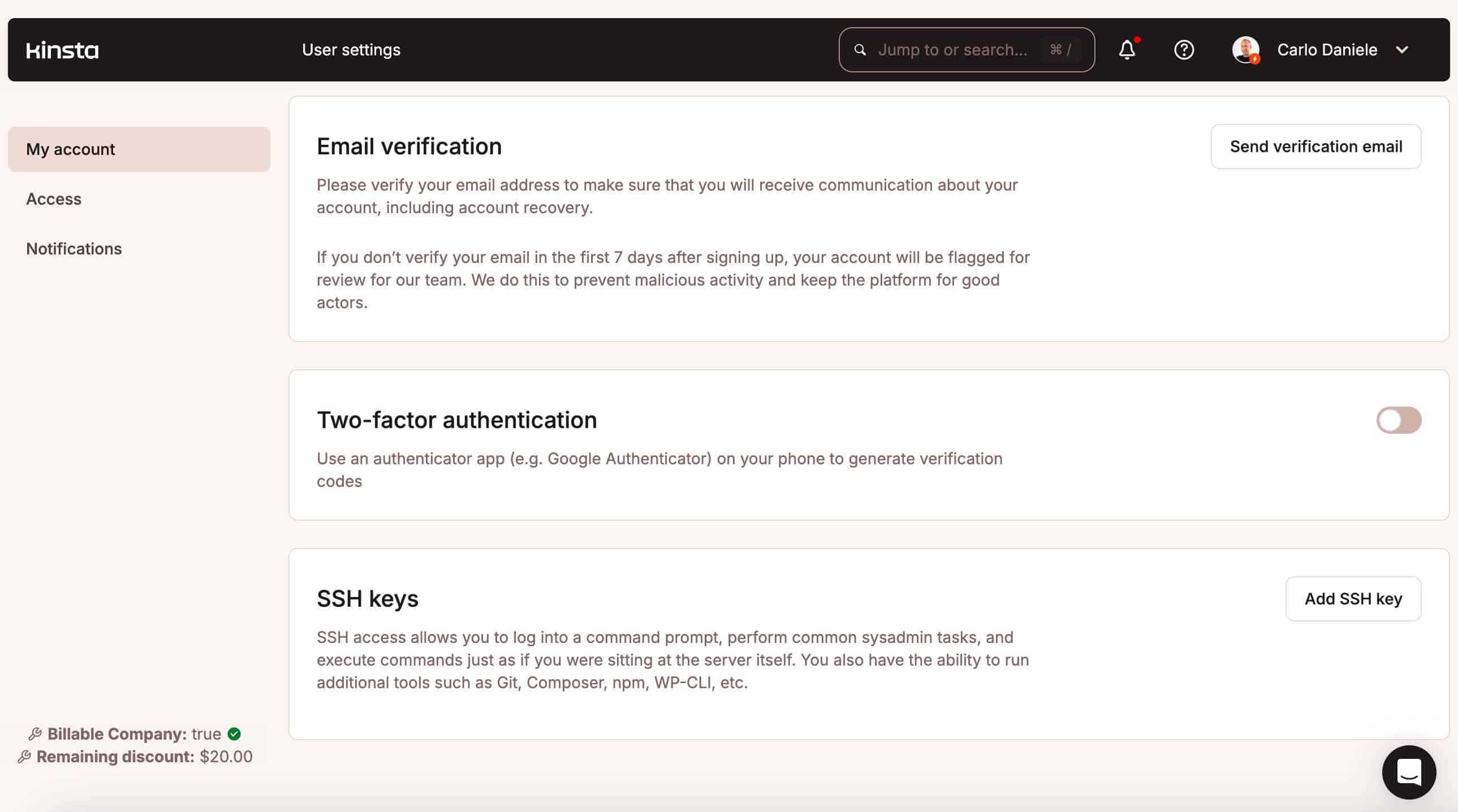 Authentification à deux facteurs dans MyKinsta