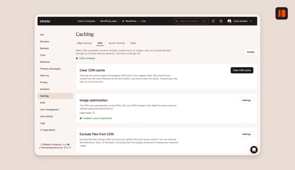 CDN-Cache-Optionen in MyKinsta