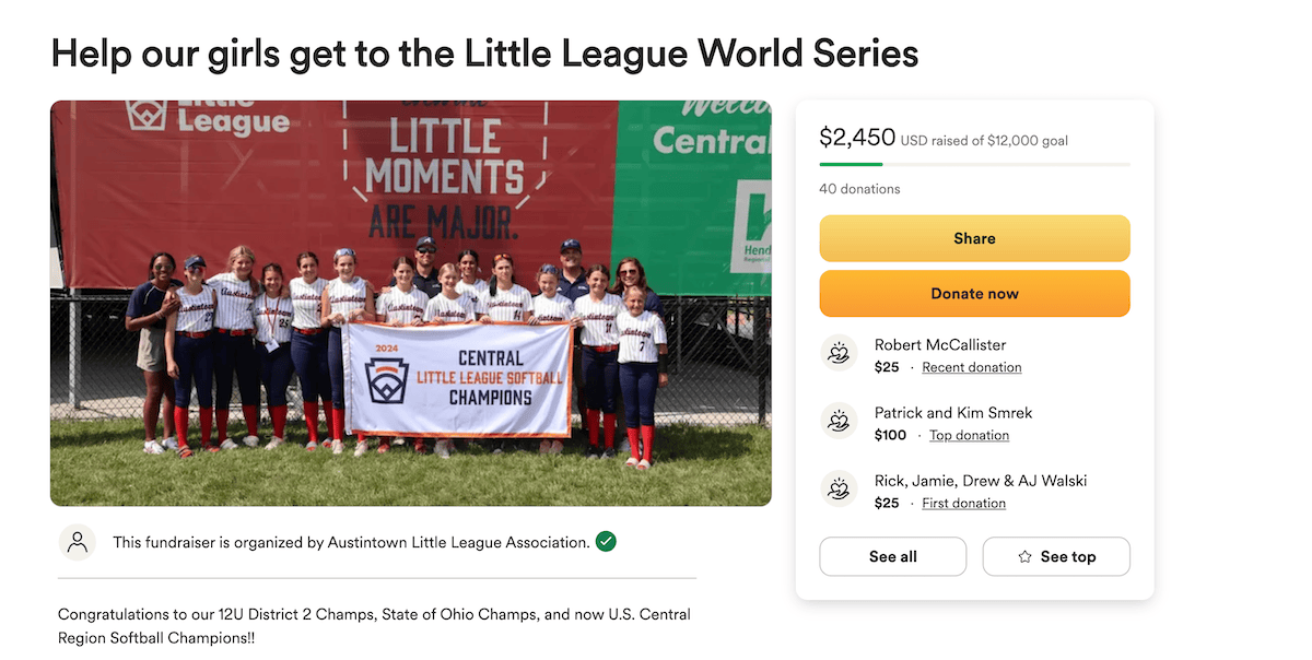 Een GoFundMe-inzamelingspagina voor een meisjes-Little League-softbalteam. De pagina toont een teamfoto van jonge meisjes in uniformen die een Central Little League Softball Champions-banner vasthouden. De inzamelingsactie heeft $ 2.450 opgehaald van een doel van $ 12.000 om het team te helpen de Little League World Series te bereiken.