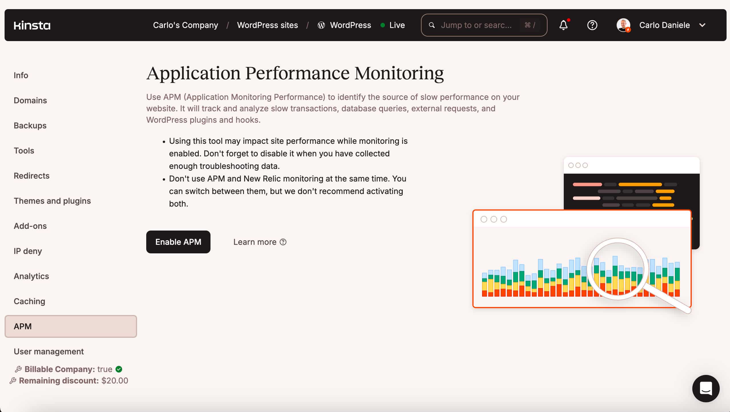 Abilitare lo strumento Kinsta APM in MyKinsta