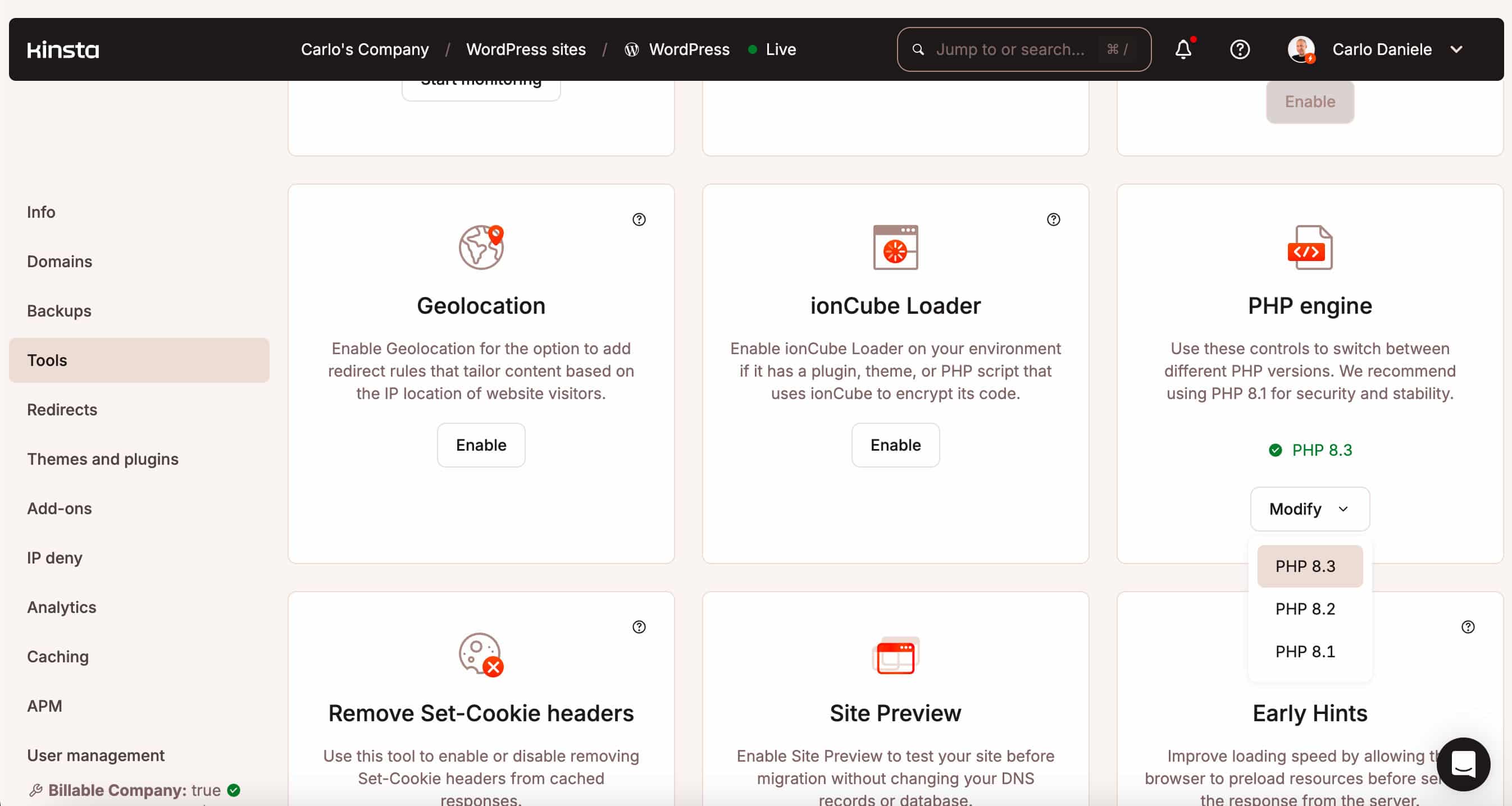 Modifier le moteur PHP dans MyKinsta
