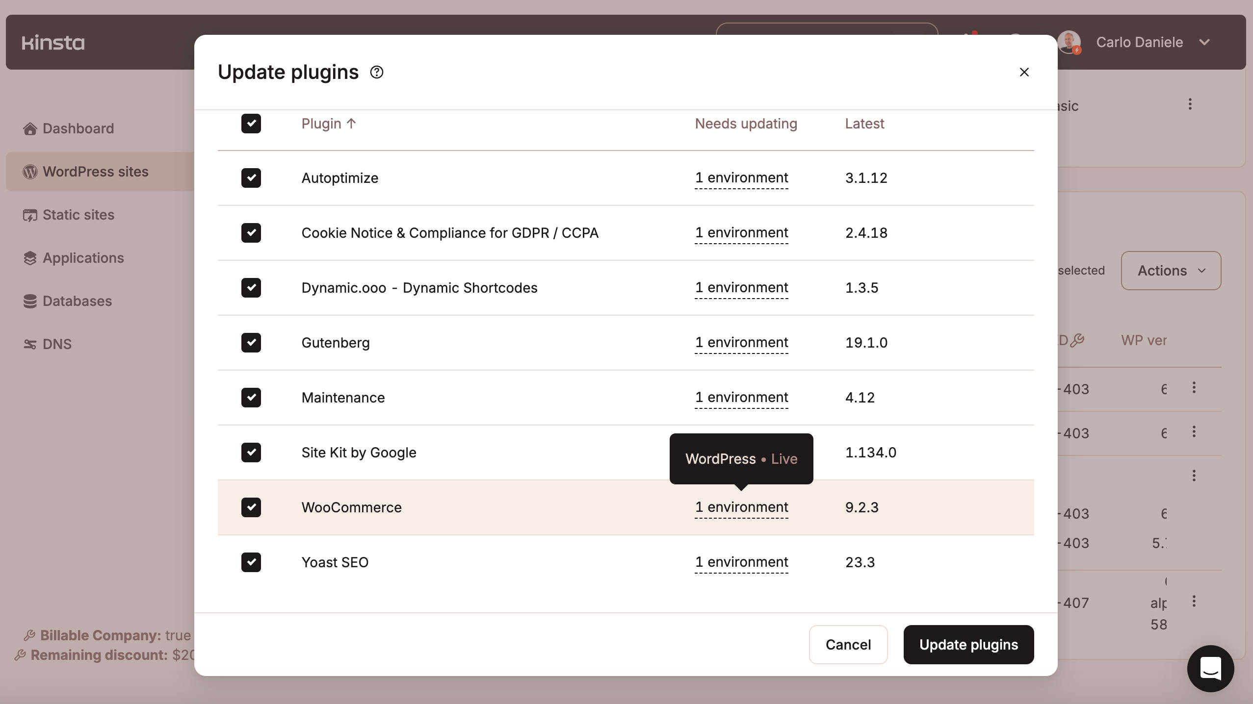 Mettre à jour des extensions de façon groupée dans MyKinsta