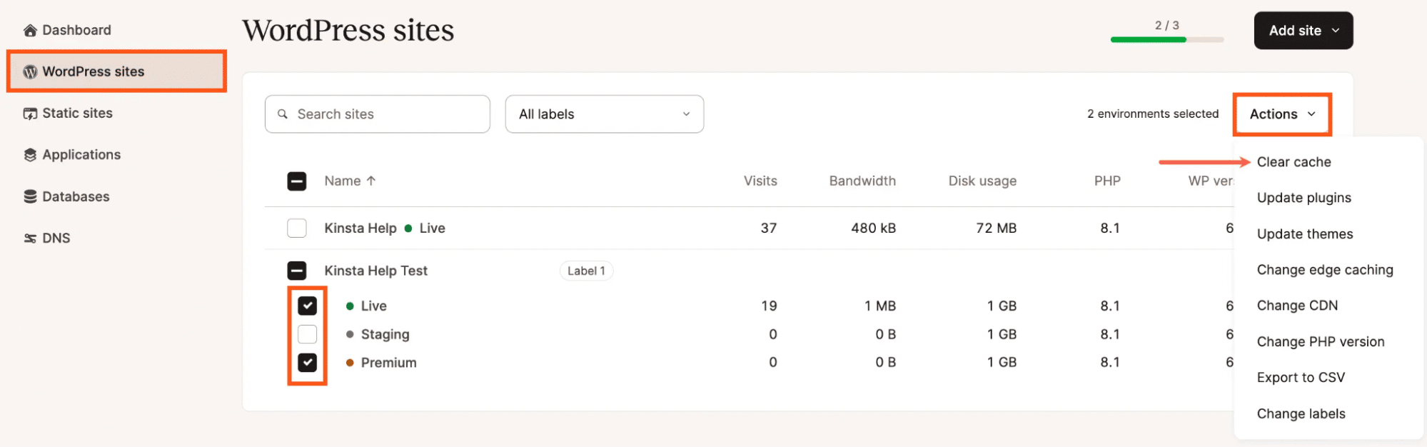 Limpeza do cache no painel MyKinsta