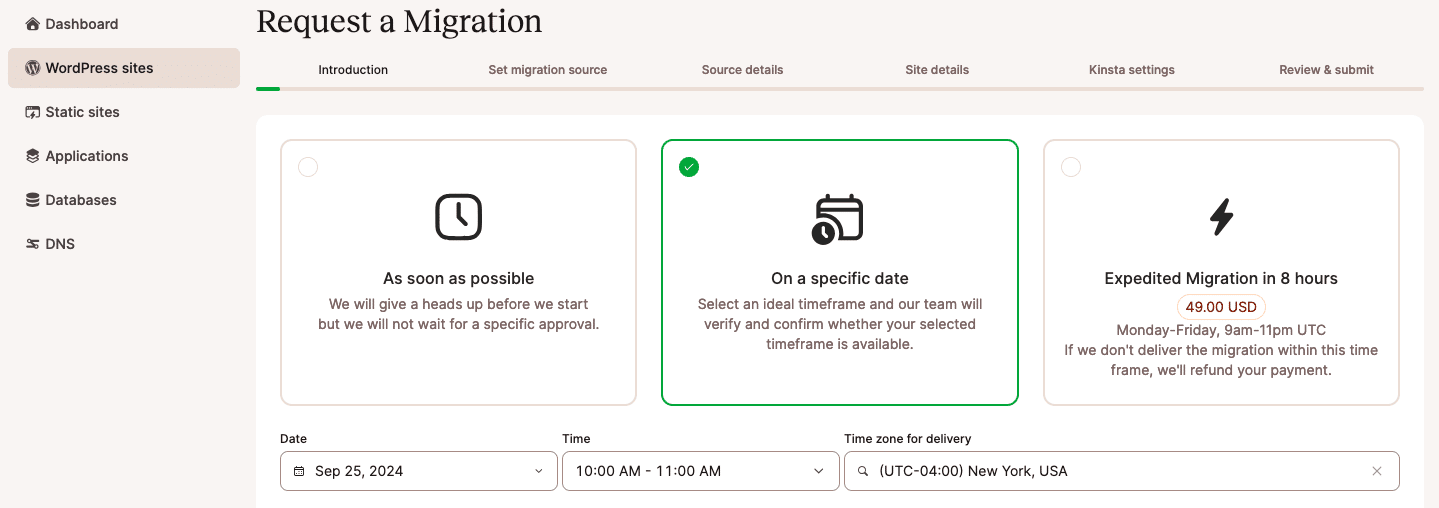 Solicitando uma migração do site através do MyKinsta