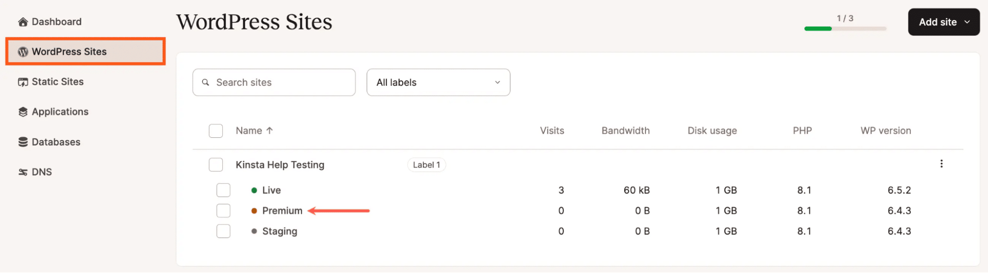 Alternando entre os ambientes de produção e ambientes de teste no MyKinsta