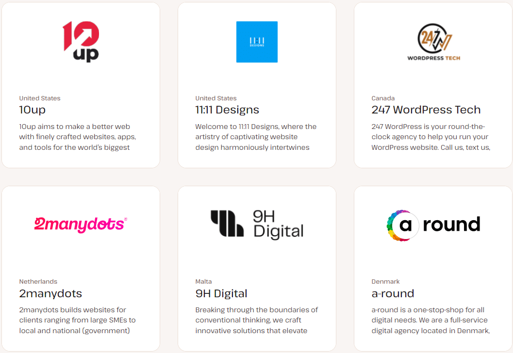 Exemplos de nossos clientes listados no Diretório de Agências da Kinsta.