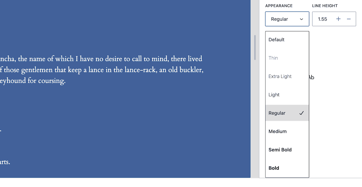 O menu suspenso de Aparência dentro do Editor de Sites do WordPress. O painel está definido como Regular. Abaixo dele, um controle de ajuste de altura da linha está configurado para 1,55, com botões de mais e menos para ajustes finos.
