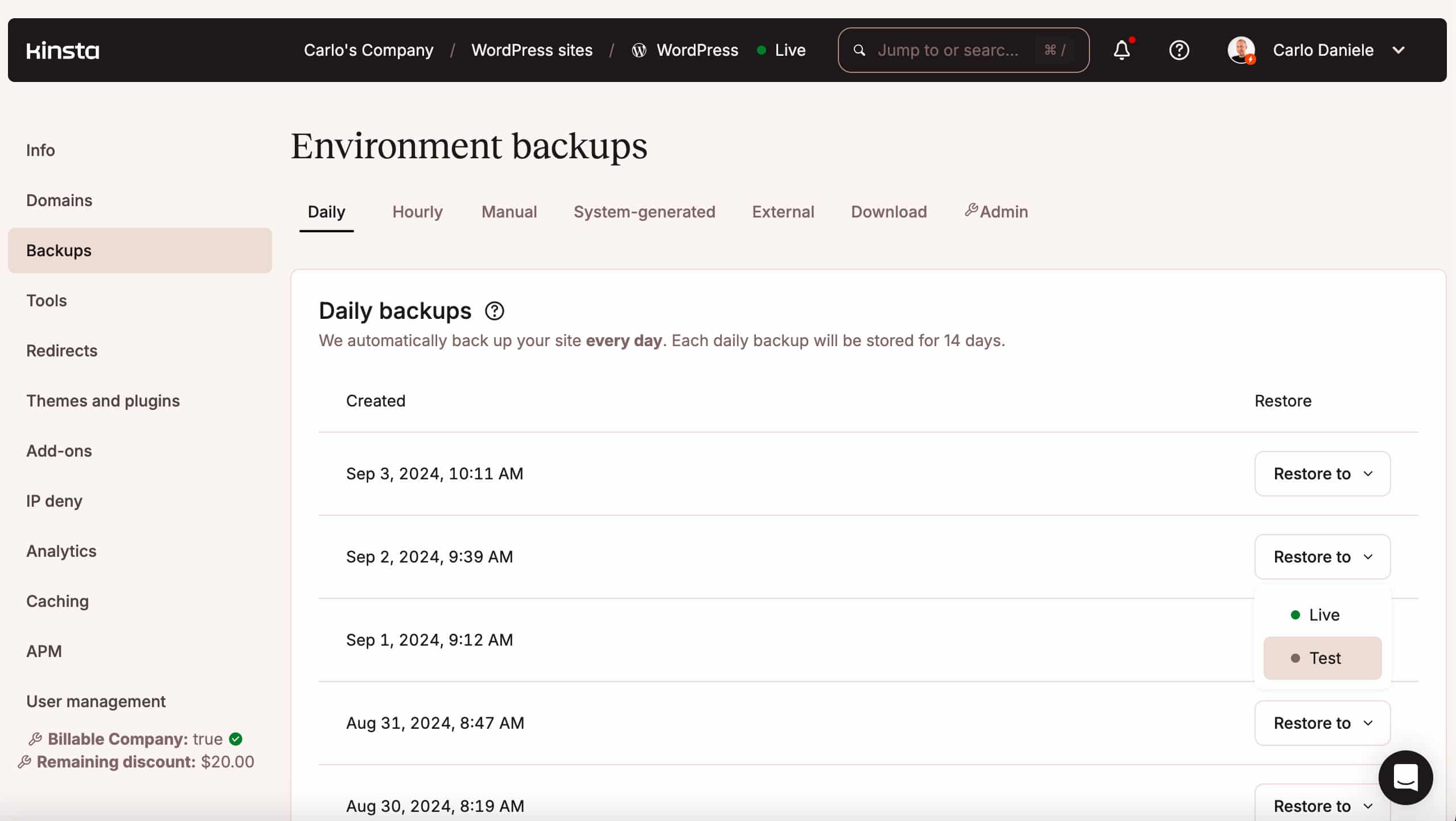 Sauvegardes quotidiennes dans MyKinsta