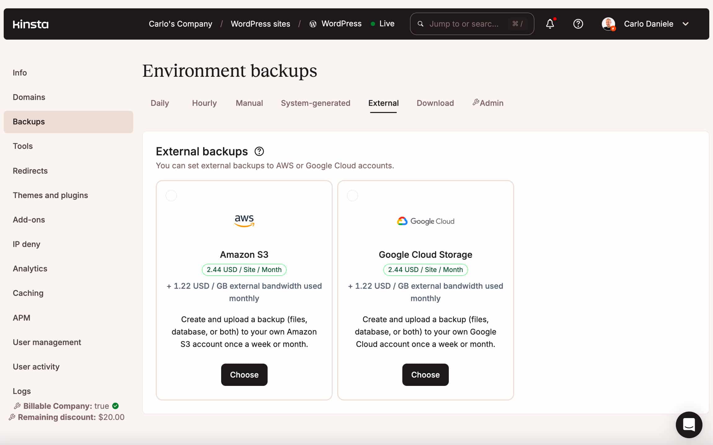 Sauvegardes externes dans MyKinsta