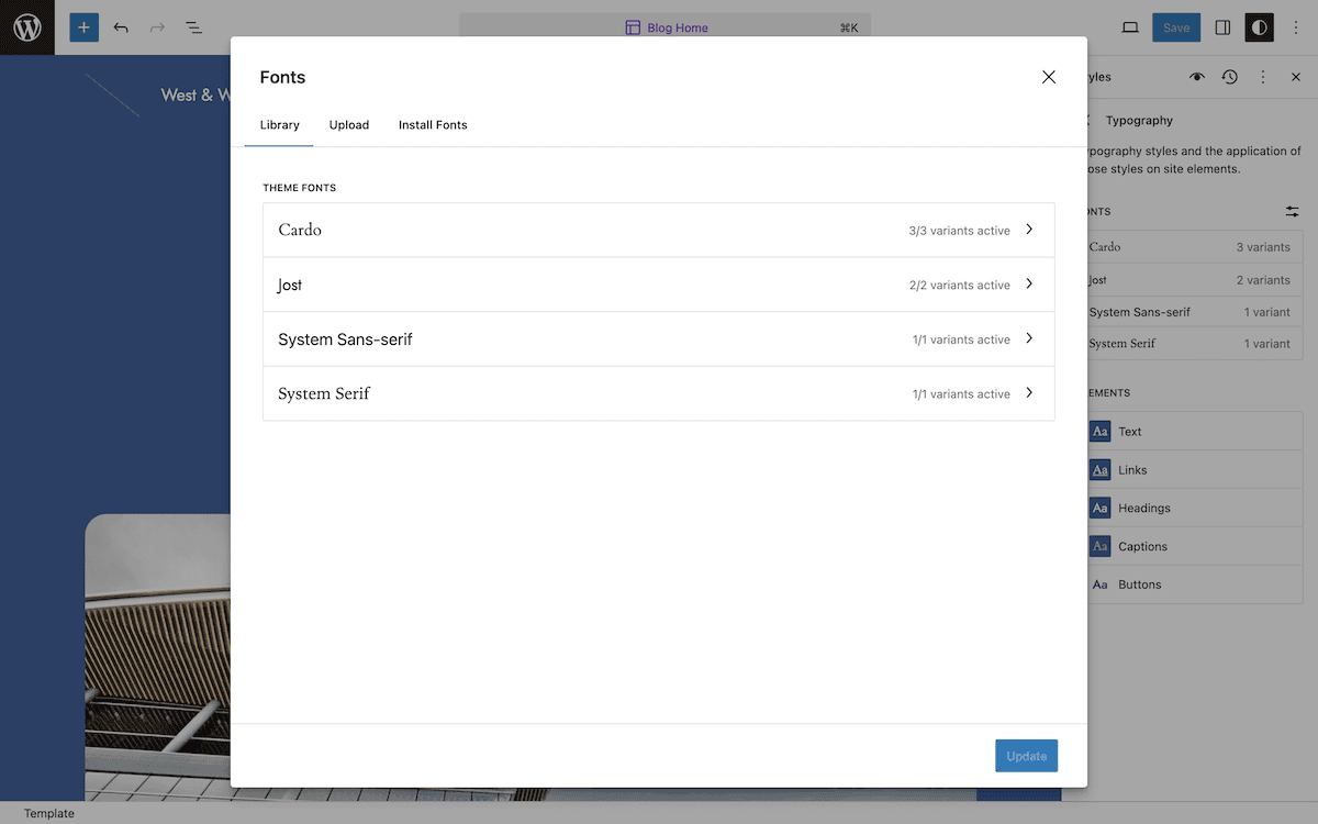 A interface da Biblioteca de Fontes do WordPress exibindo fontes instaladas e do tema. Merriweather Sans está listado como uma fonte instalada com quatro variantes ativas. As fontes do tema incluem Cardo, Jost, System Sans-serif e System Serif, cada uma com suas respectivas variantes ativas.