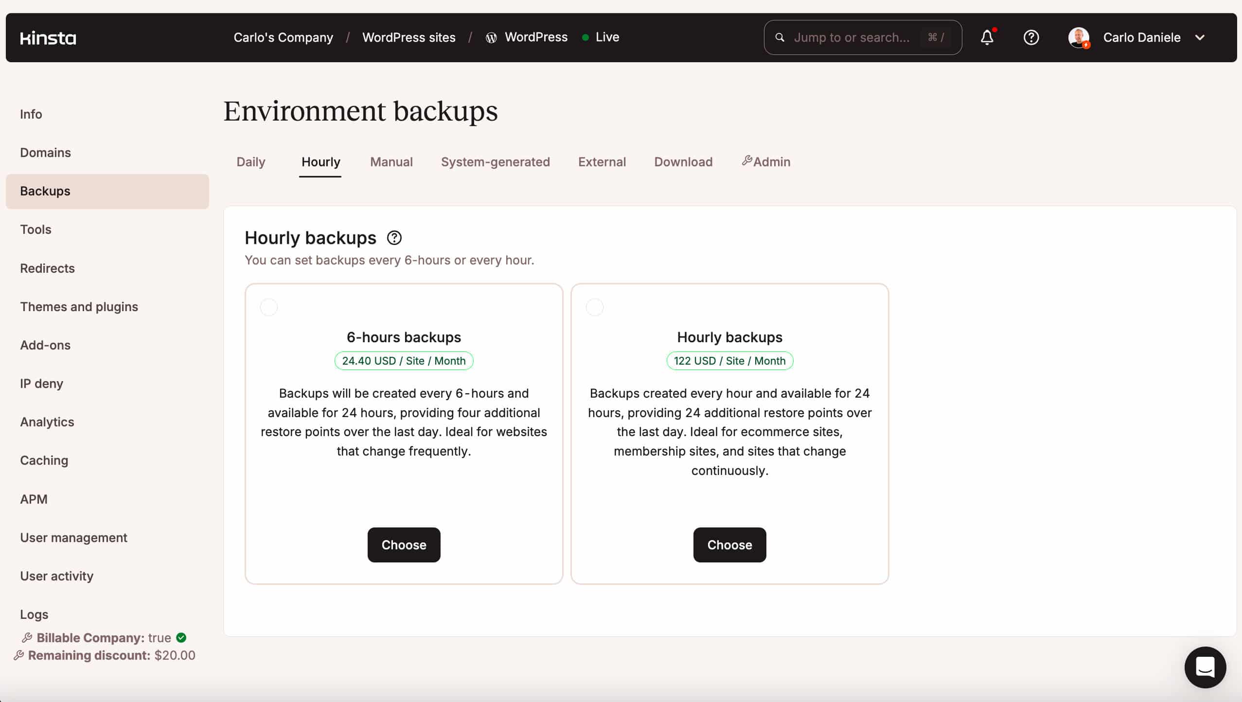 Sauvegardes horaires dans MyKinsta