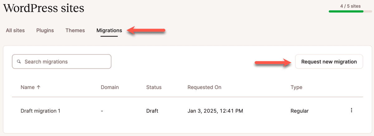 Iniciar una solicitud de migración de un sitio en MyKinsta.