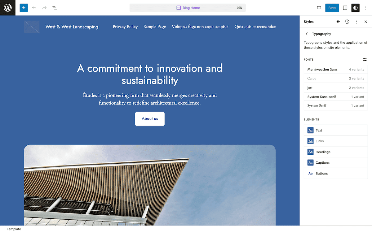A interface do Editor de Site do WordPress exibe a página inicial de uma empresa de paisagismo. A página tem um fundo azul com texto branco que diz 