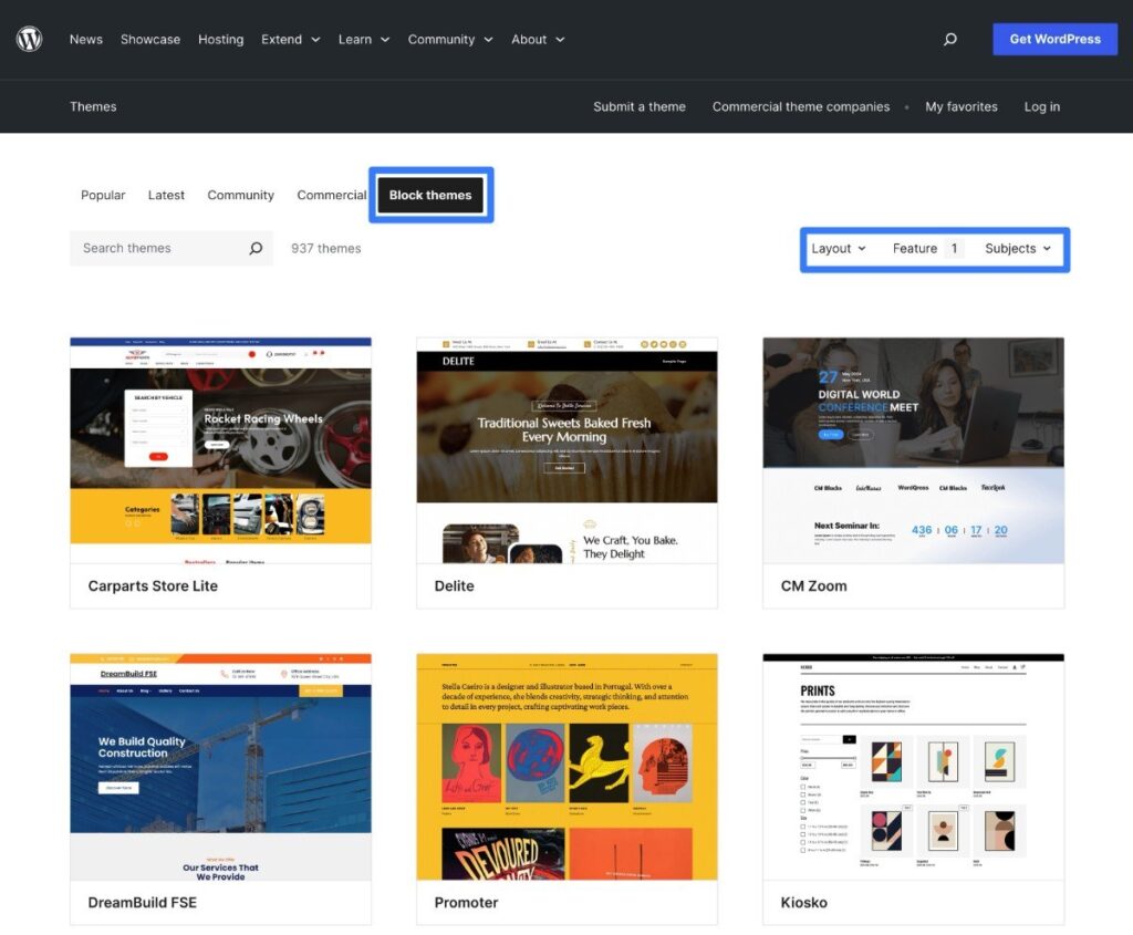 Comment trouver des blocs de thèmes WordPress dans le répertoire de thèmes de WordPress.org en utilisant le filtre de blocs de thèmes.