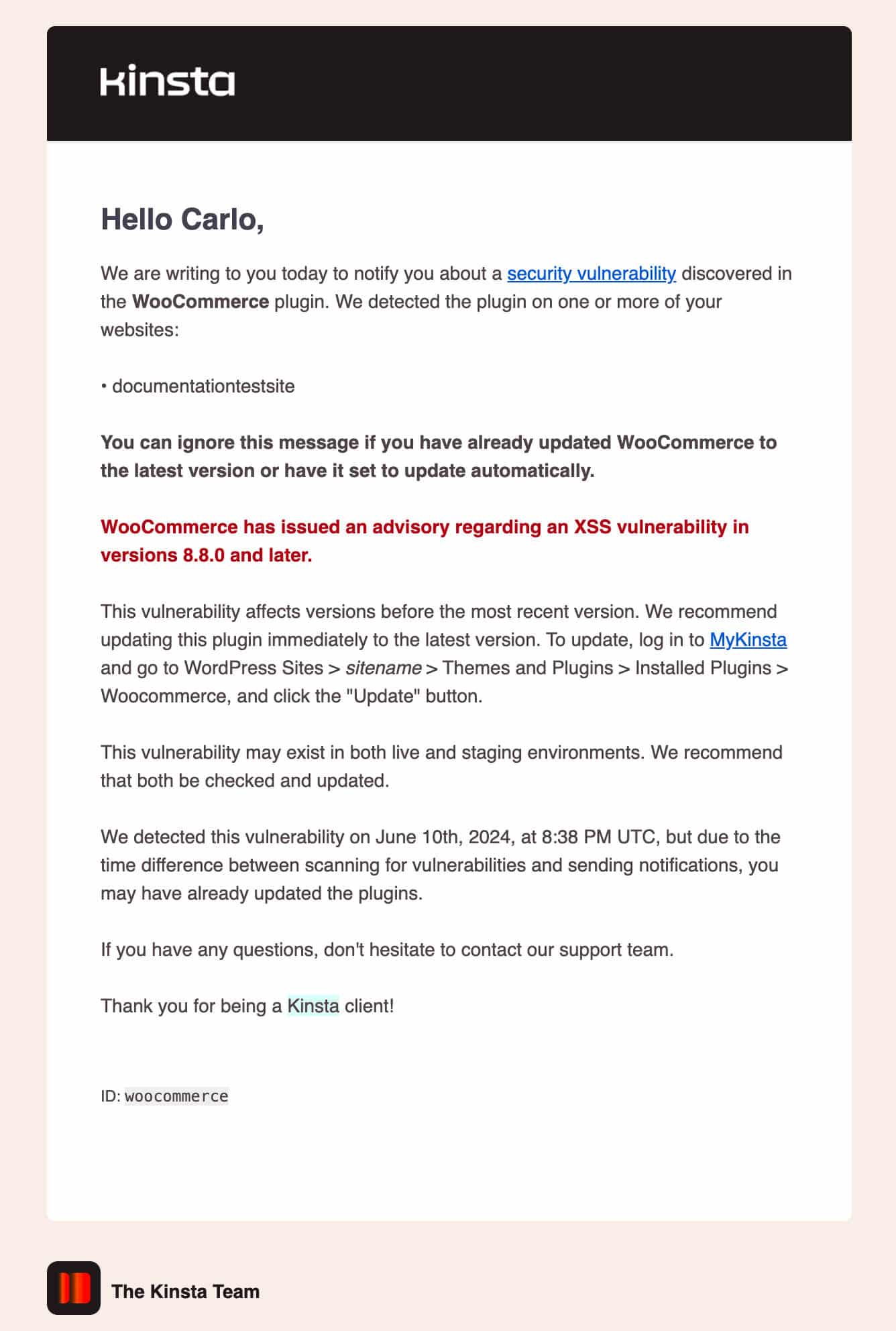 Um e-mail da Kinsta notificando uma vulnerabilidade no WooCommerce.