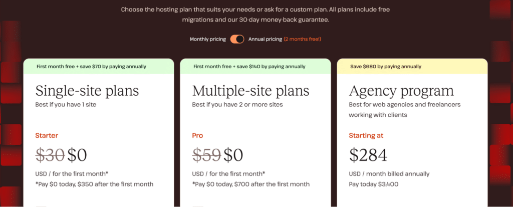 Primeiro mês gratuito nos planos Kinsta para site único e para multisites.