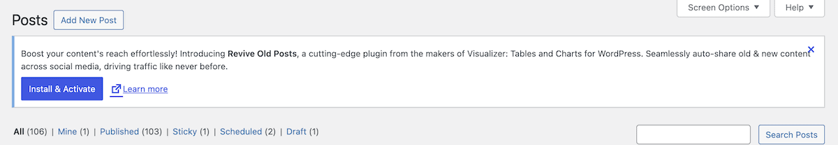 A portion of the WordPress admin dashboard showing the Posts section. At the top is a blue banner promoting the Revive Old Posts plugin. Below are tabs displaying post statistics, including 106 total posts, 103 published, one sticky, two scheduled, and one draft post.