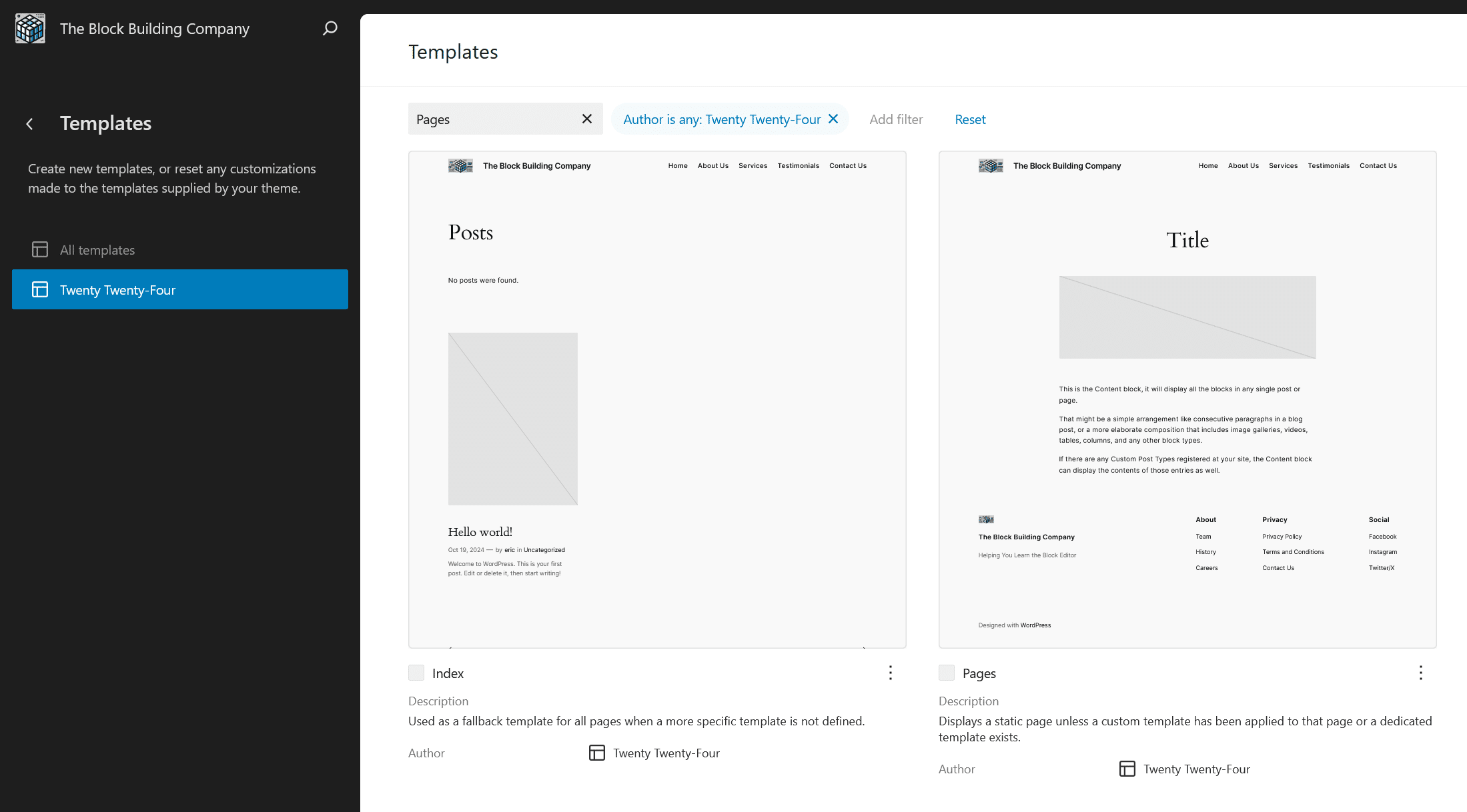 Trouver le modèle Pages dans l'éditeur de site WordPress
