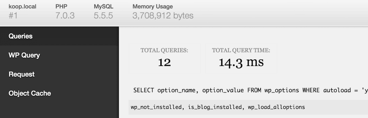 The Debug Bar plugin header image from WordPress.org. It shows a debugging panel displaying PHP version 7.0.3, MySQL version 5.5.5, and memory usage of 3,708,912 bytes. The panel also shows query information, with 12 total queries taking 14.3 ms to execute. A MySQL query that selects from the wp_options table is also visible.
